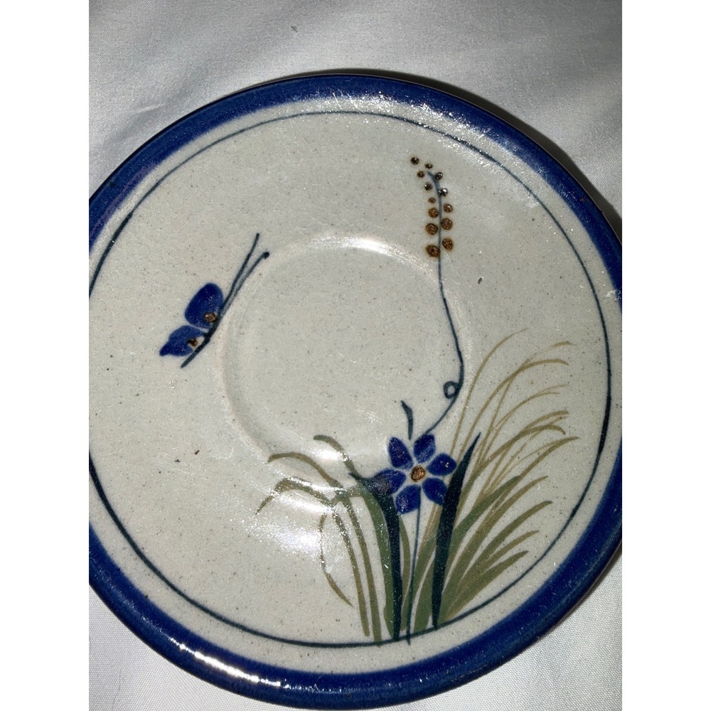 Ken Edwards Tonala Mexico Stoneware Saucers Set of 2 Blue Butterfly Floral Bird - Picture 2 of 5